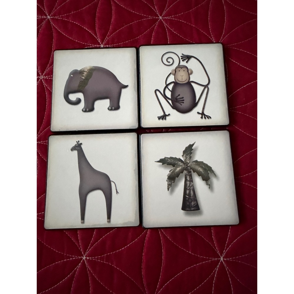 Set of 4 Safari Animal Coasters‎ Elephant Giraffe Monkey Palm Tree